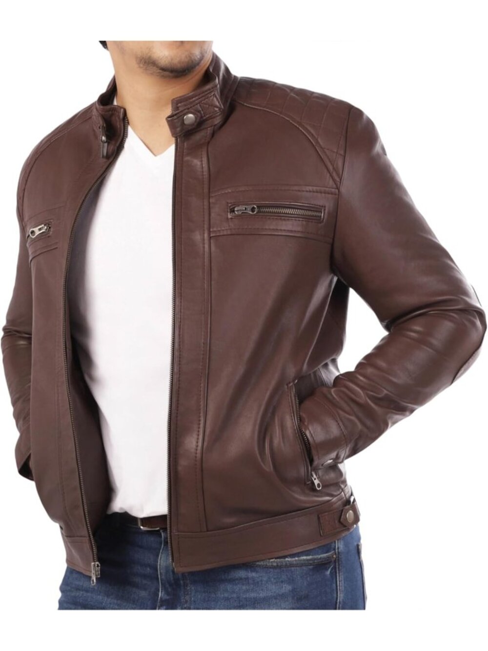 Man's Brown Leather Diamond Style Long Sleeve Café Racer Motorcycle Jacket's
